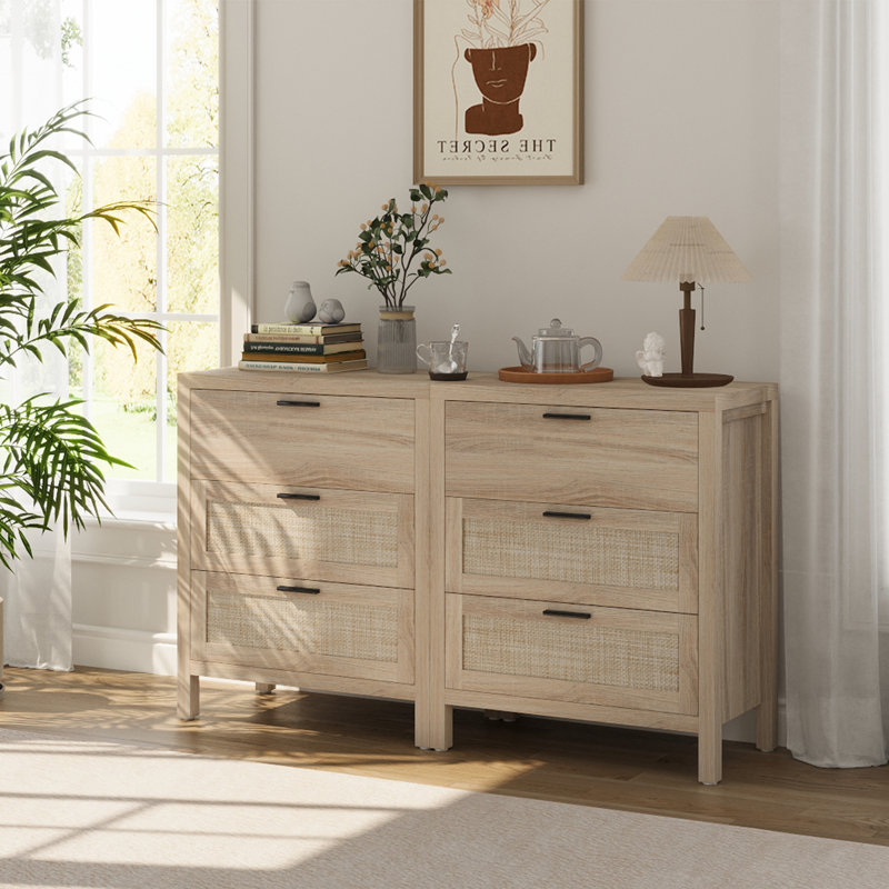 Rattan 3 Drawer Dresser Set Of 2 Modern Closet Dressers Chest Of Drawers Wood Oak Storage Chest For Bedroom Hallway Living Room